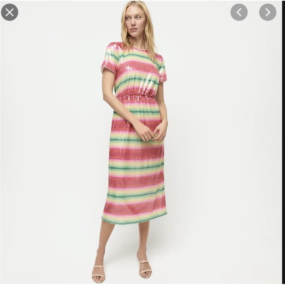 J. Crew Short Sleeve Sequin Midi Dress Watermelon Stripe NWT Size 4